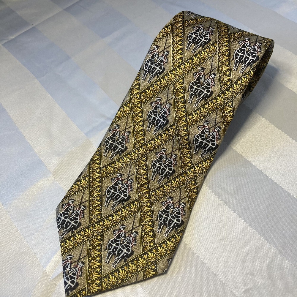 PIERANGELO MASCIADRI 100% Silk Men's Tie Gold Medieval Horses 60" X 3 3/8"